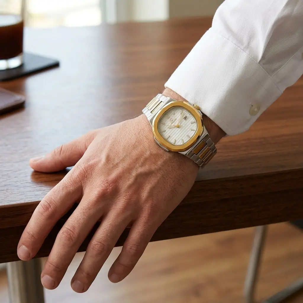 dual tone rectangle watch for men sophisticated classic design formal & casual wear