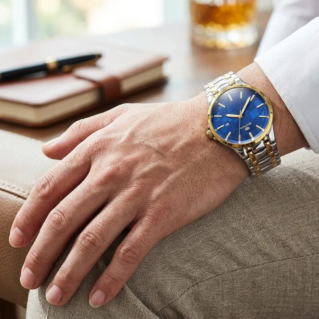 luxury men's chronograph watch premium stainless steel metal chain strap wristwatch elegant quartz fashion watch for men