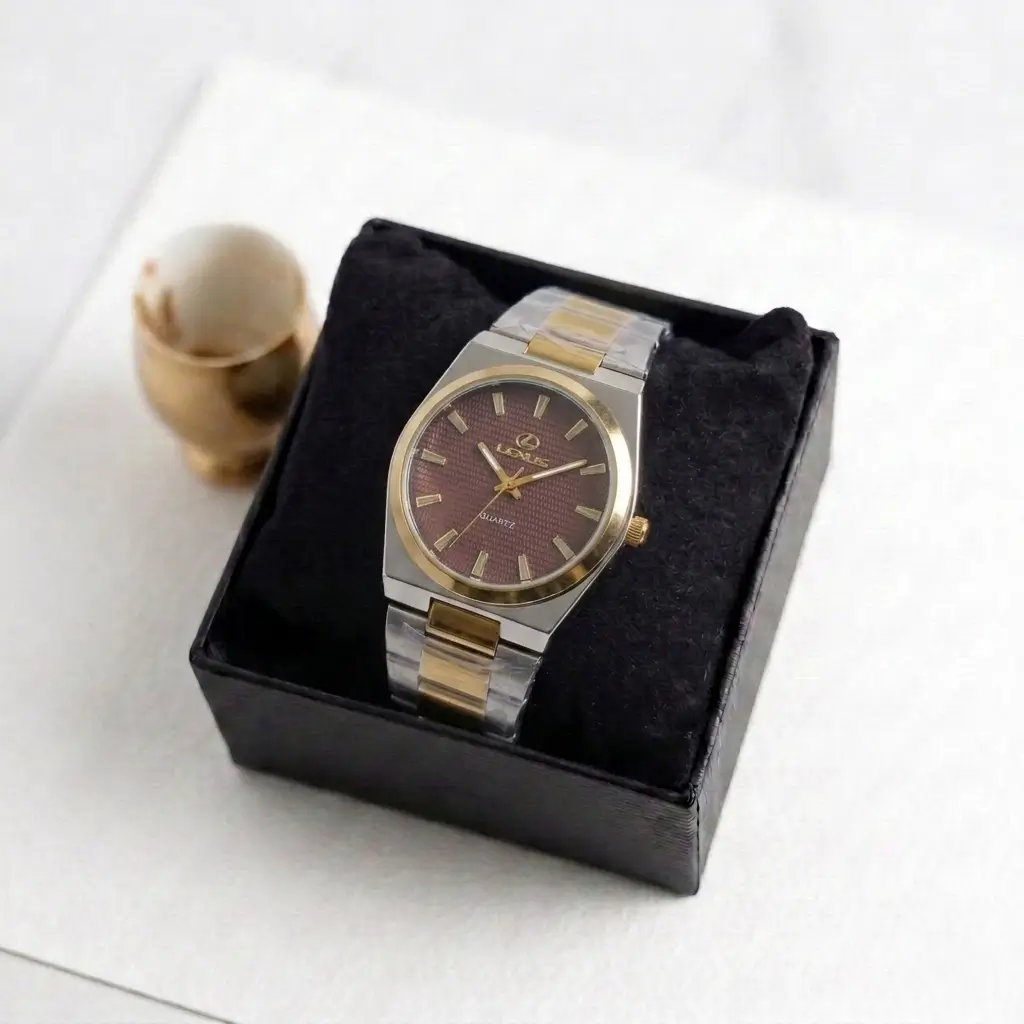 men's classic metal strap watch premium quartz analog wrist watch black/brown