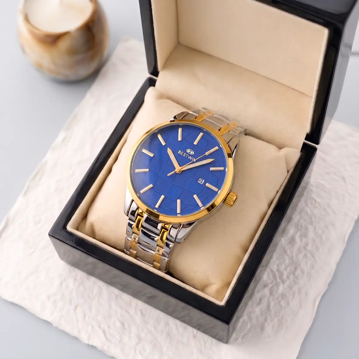 luxury men's chronograph watch premium stainless steel metal chain strap wristwatch elegant quartz fashion watch for men