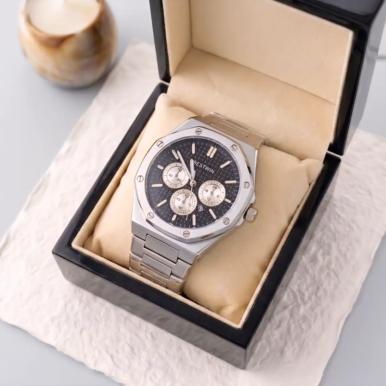 luxury men's chronograph watch premium stainless steel metal chain strap wristwatch elegant quartz fashion watch for men luxury men's chronograph watch premium stainless steel metal chain strap wristwatch elegant quartz fashion watch for men