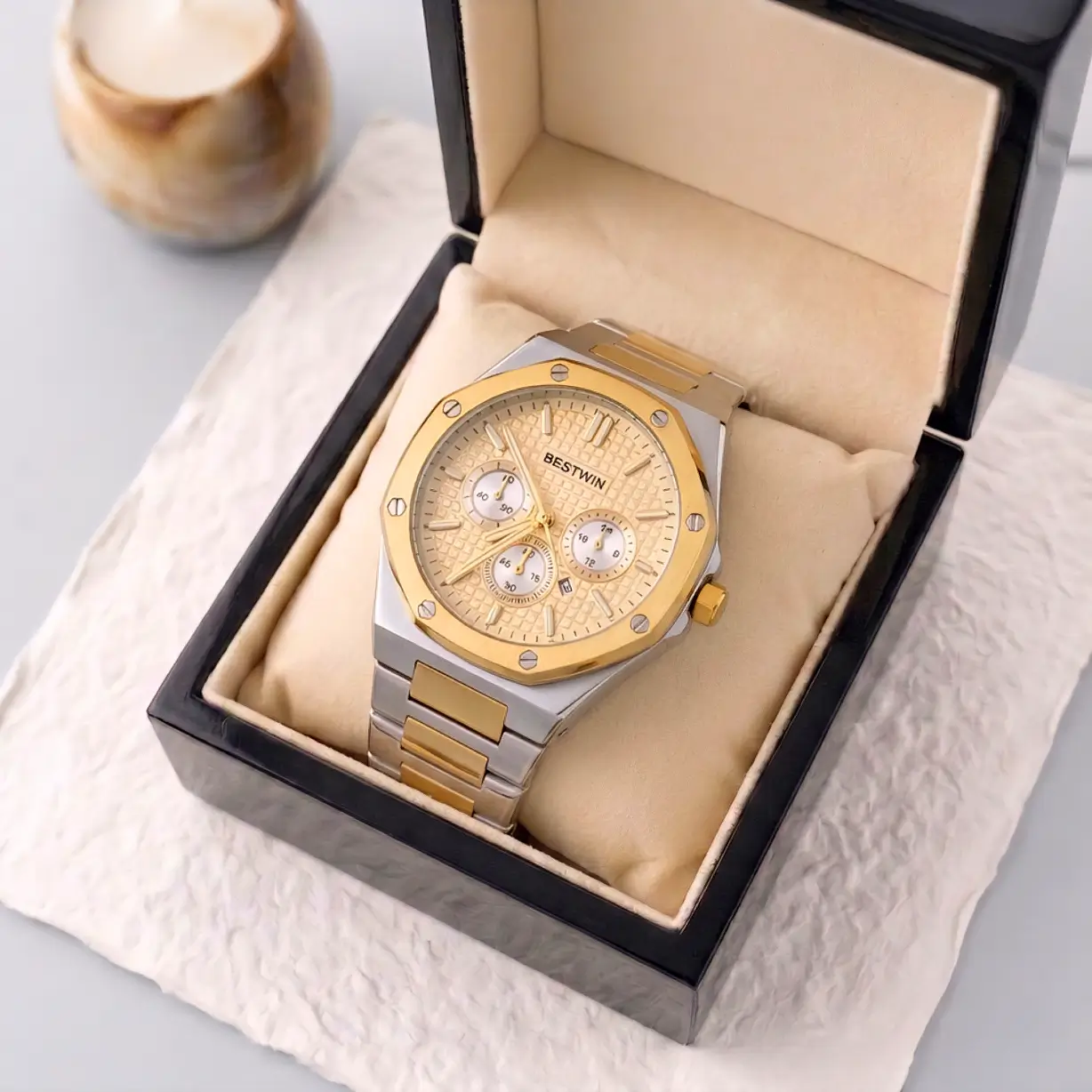 luxury men's chronograph watch premium stainless steel metal chain strap wristwatch elegant quartz fashion watch for men luxury men's chronograph watch premium stainless steel metal chain strap wristwatch elegant quartz fashion watch for men