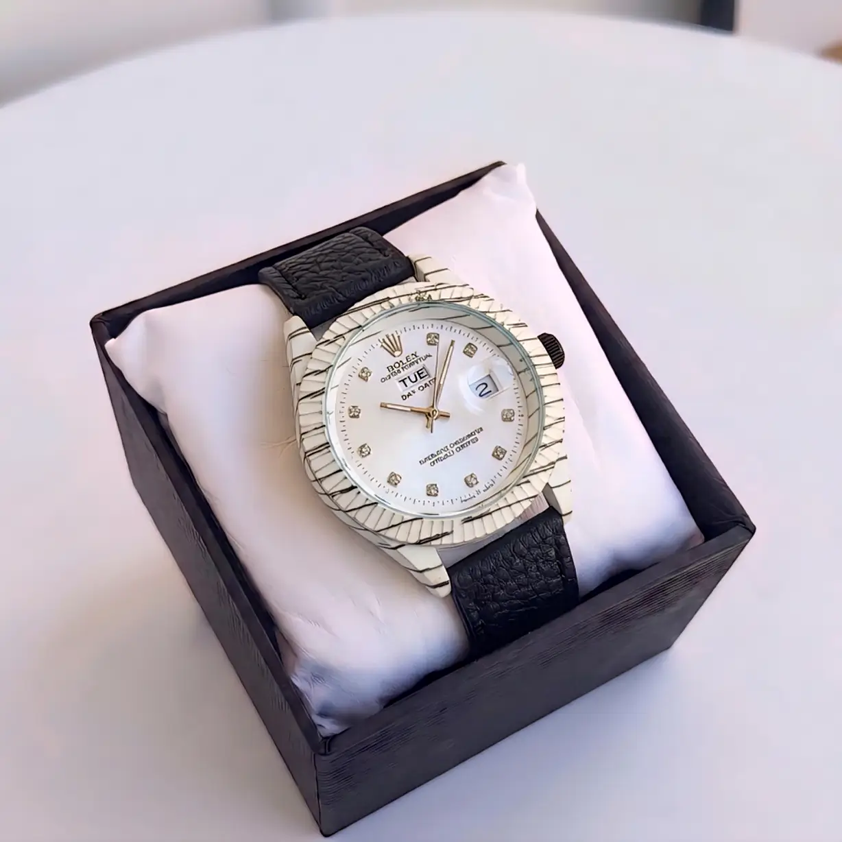 premium leather watch for men multi function day/date window